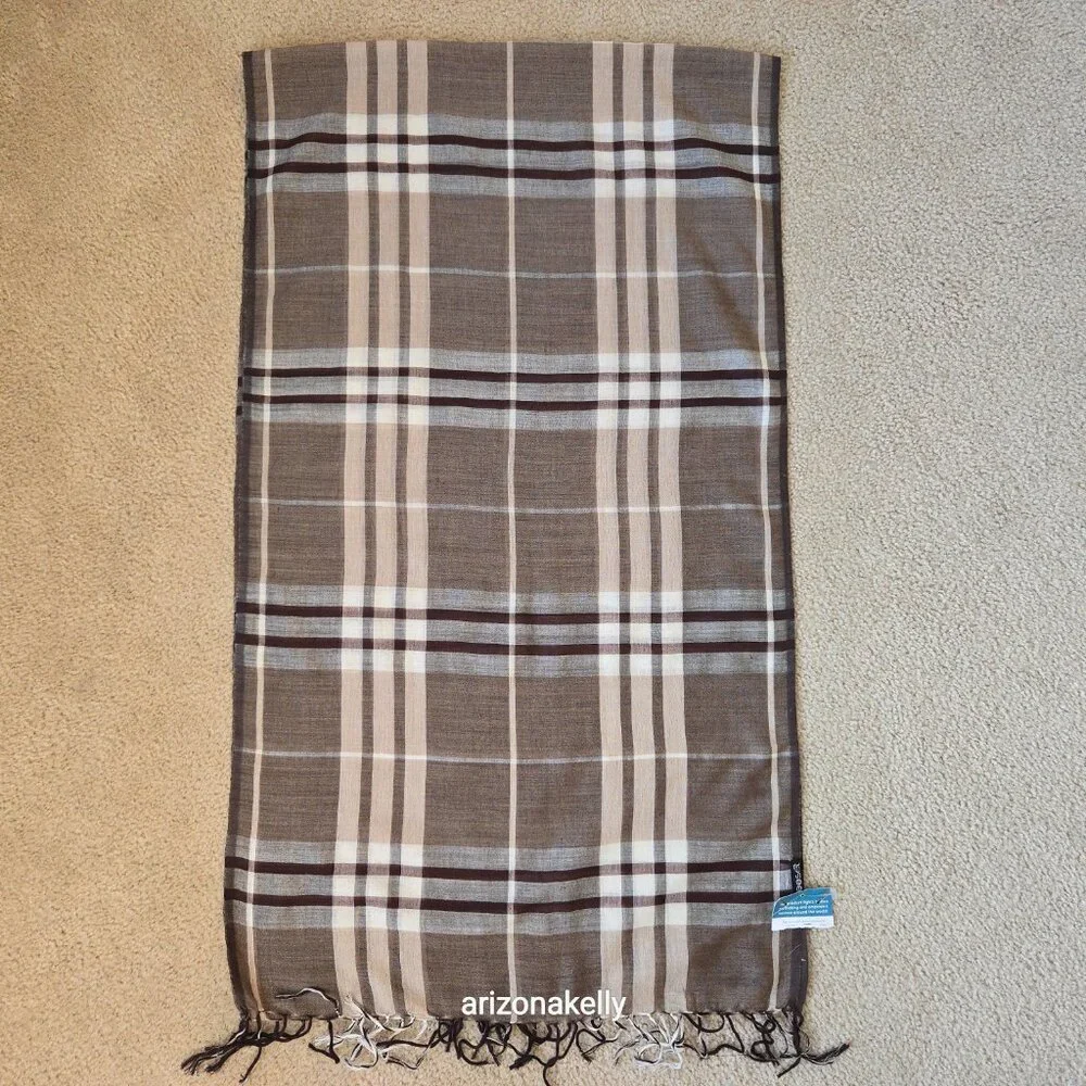 NWT Wool/Cotton Blend Lightweight Scarf Brown Tan Plaid Freeset Fabric